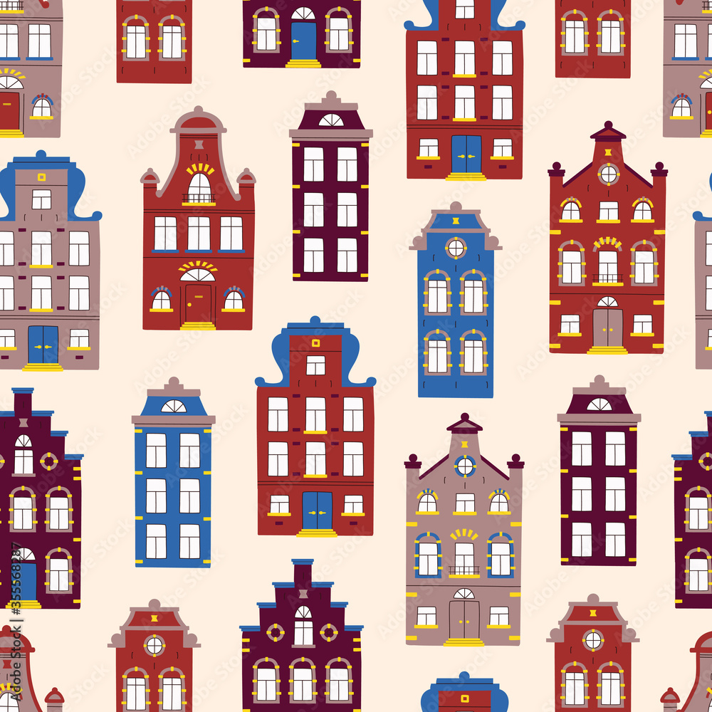 Vector cute seamless pattern with doodle traditional houses. Vector background of multi-colored facades of old buildings in scandinavian trendy style.
