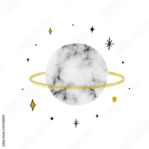 Vector illustration with Saturn with marble texture. Trendy Cosmic minimalistic landscape scene with stone textured planet and stars. Pastel grunge