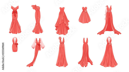Dresses for prom, gala evening, wedding, masquerade, points. Set of different dresses. Modern and classic style.