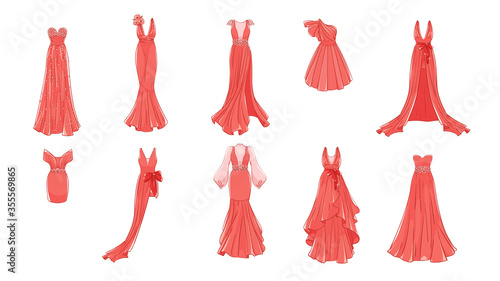 Dresses for prom, gala evening, wedding, masquerade, points. Set of different dresses. Modern and classic style.