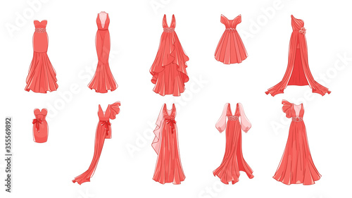 Dresses for prom, gala evening, wedding, masquerade, points. Set of different dresses. Modern and classic style.