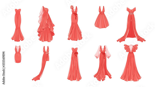 Dresses for prom, gala evening, wedding, masquerade, points. Set of different dresses. Modern and classic style.