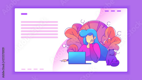 Website. A woman sits and works at a laptop. Training at home. Freelance.