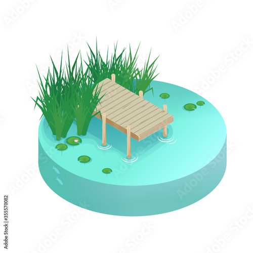 Isometric vector vacation on the lake. Pier on the lake, river, pond.