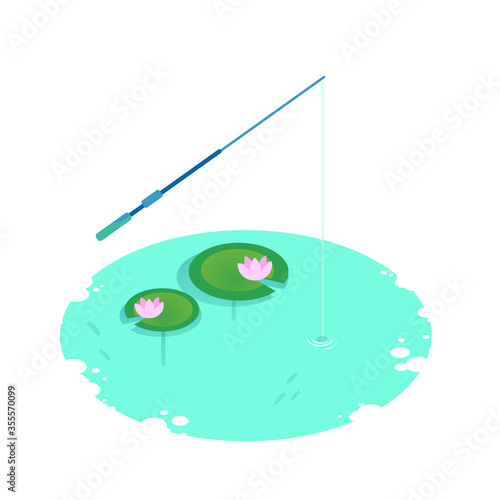 Isometric vector vacation on the lake. Water lilies in the pond, lotus blossoms, tackle fishing rods loaded into the water. Fishing on the lake.