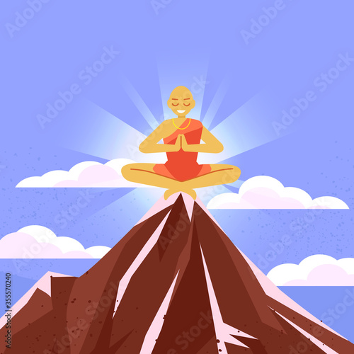 Meditations in solitude with nature.  Clouds at the top of the mountain. Rocky terrain. Monk meditating on top of a mountain © progdiz