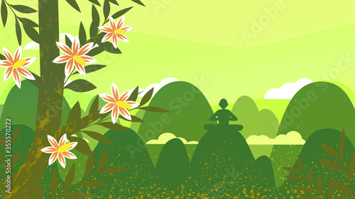 Mountain landscape. Clouds at the top of the mountain. Rocky terrain. Blooming tree on the tops of highlands. Meditations in solitude with nature