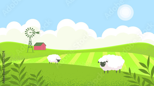 Landscape sunny meadow  green hills  agricultural pastures. Good ecology. Rustic expanses. Environmental protection  green energy  windmill in the field. Sheep graze in the meadow.