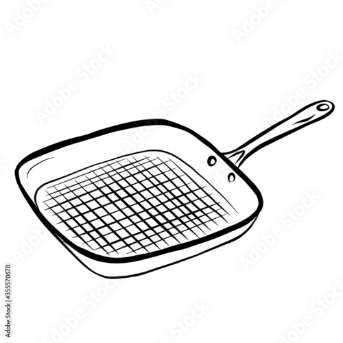 Kitchen cooking utensils. Metal cookware grill pan hand drawn vector illustration in doodle style on white background.