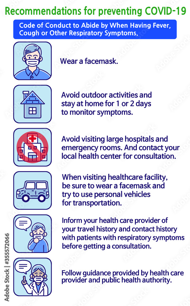 Recommendations for preventing COVID-19. Code of Conduct to Abide by When Having Fever, Cough or Other Respiratory Symptoms. Colored vector illustrations set. Recommendations for preventing COVID-19. Code of Conduct to Abide by When Having Fever, Cough or Other Respiratory Symptoms. Colored vector illustrations set.