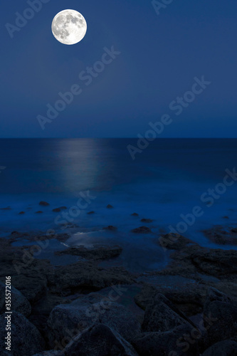 Moon over the Atlantic Ocean - Lanzarote, Canary Islands, Spain