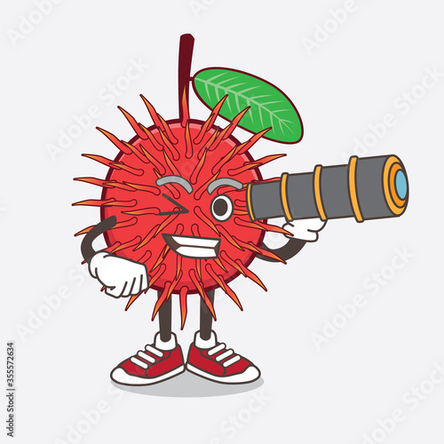 Rambutan Fruit cartoon mascot character using a monocular