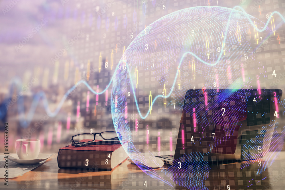 Double exposure of financial chart drawings and desk with open notebook background. Concept of forex market Double exposure of financial chart drawings and desk with open notebook background. Concept of forex market