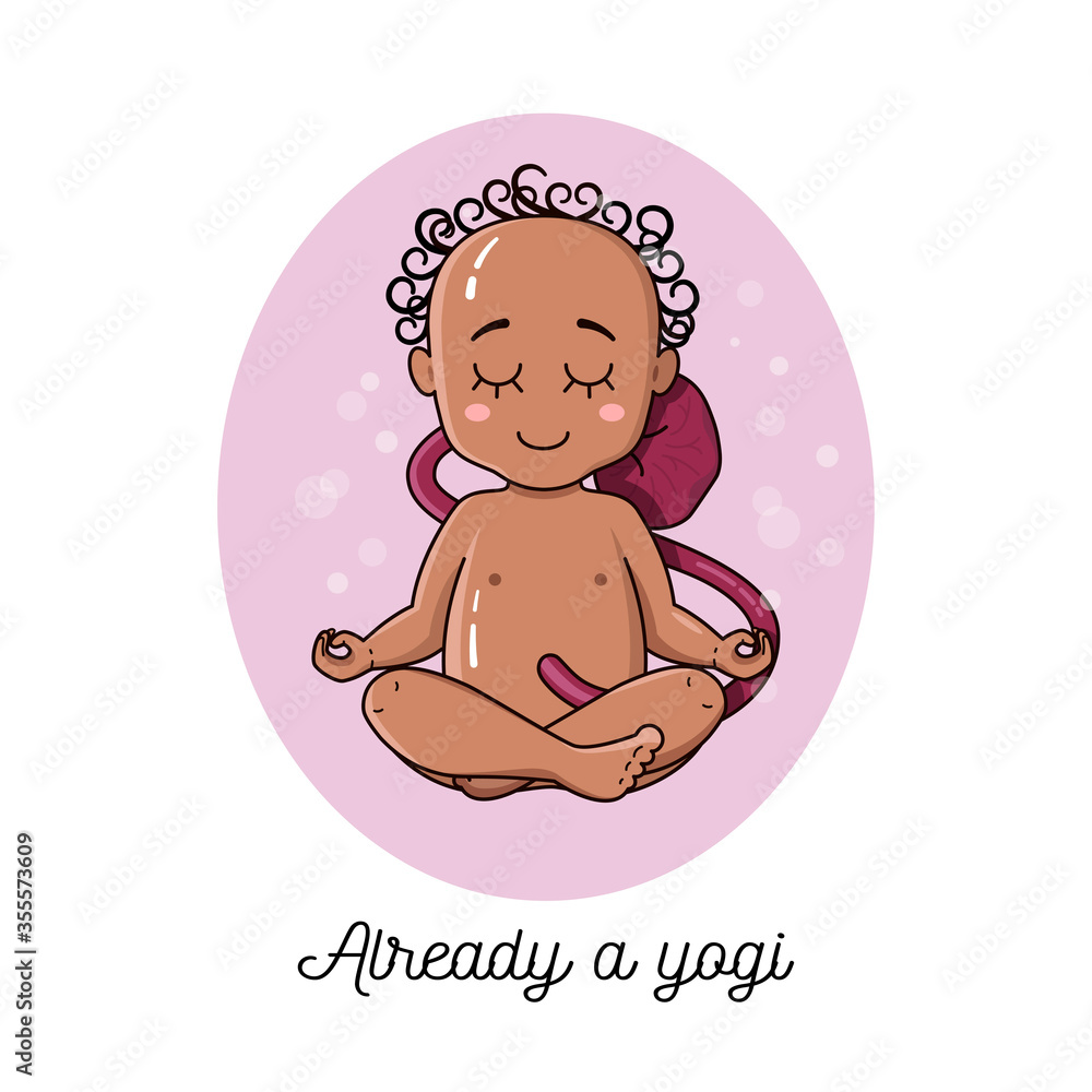 Cute African newborn baby inside pregnant belly doing yoga. Meditation concept. Baby sit in lotus pose vector illustration. Ohm. Calm and silence. Cute African newborn baby inside pregnant belly doing yoga. Meditation concept. Baby sit in lotus pose vector illustration. Ohm. Calm and silence.