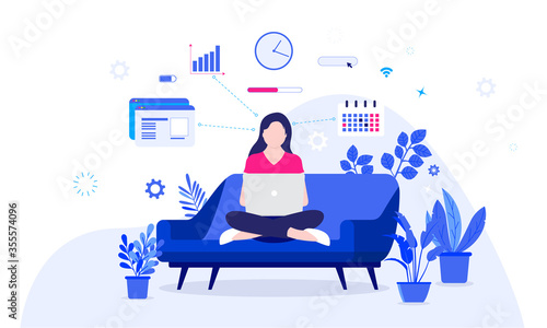 Home office efficiency - Woman in couch working on laptop from home very efficiently. Graphs, browser windows and business elements in background. Successful remote work, happy and freelance concept.