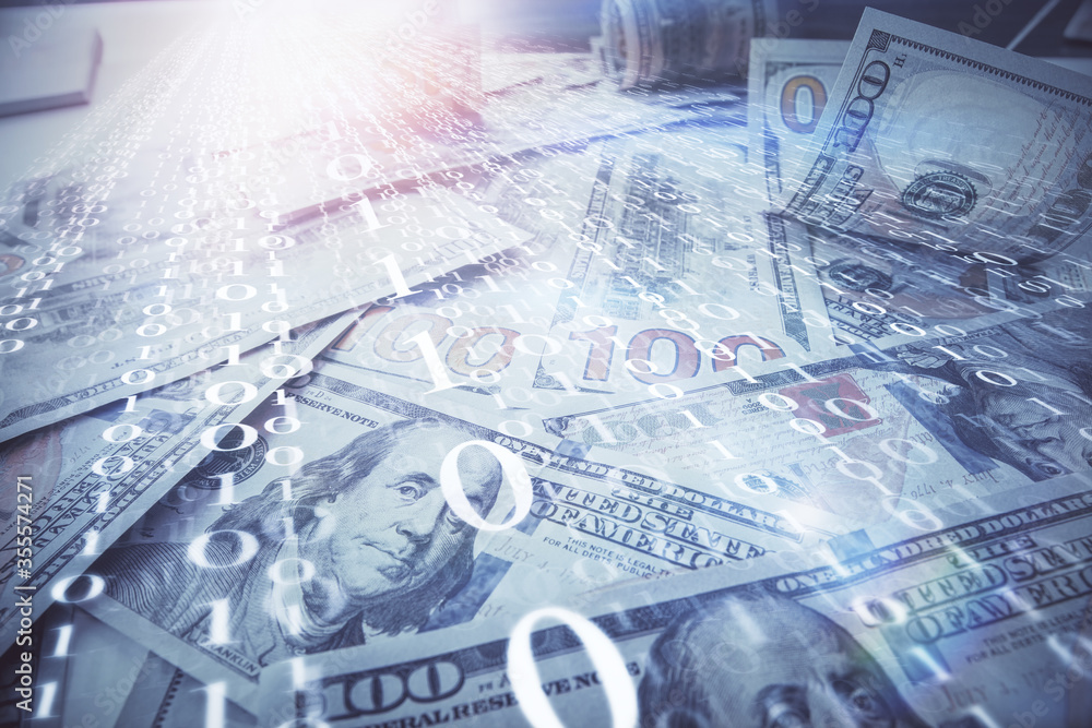 Double exposure of data theme drawing over us dollars bill background. Technology concept. Double exposure of data theme drawing over us dollars bill background. Technology concept.