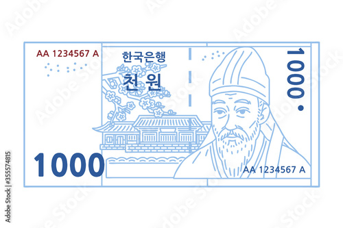 Korean banknote 1000 won. The letters written on image mean Korean bank, 1,000 won.