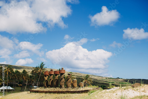 Chili. Easter island. Anakena beach- 12.02.2020: Statues of Moia photo