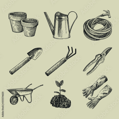 Hand-drawn sketch set of Gardening tools and equipment. Pruning Shears, Watering can, hose; Digging Shovel; Digging Fork; Wheelbarrows; plant with leaves growing in the ground 
