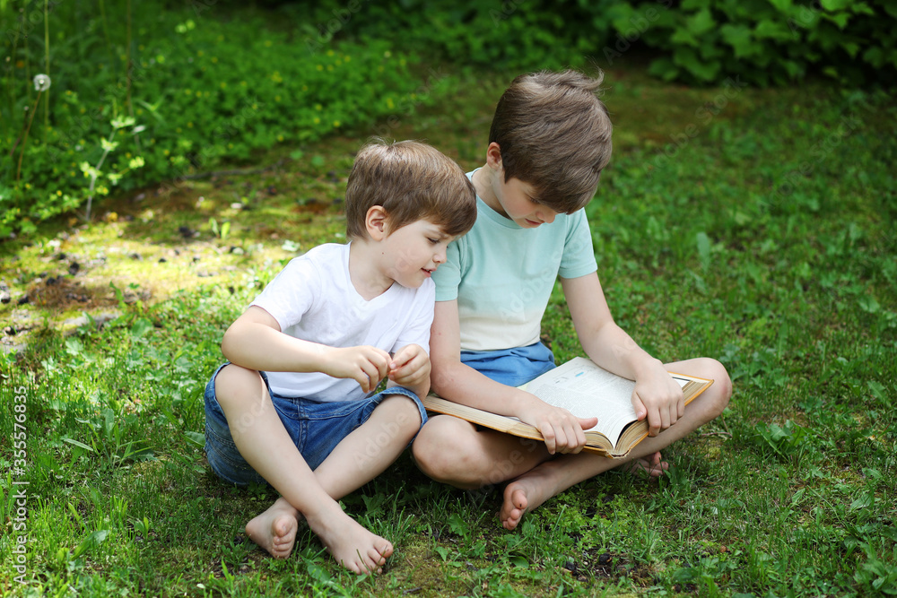 Fototapeta premium Two brothers are reading a book on the grass