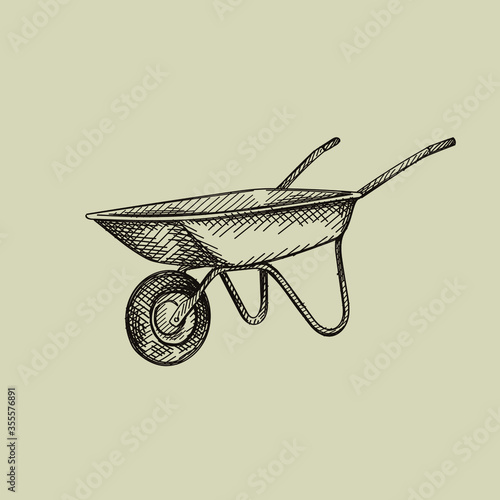 Hand-drawn sketch of Wheelbarrows on a white background. Gardening tools and equipment.	