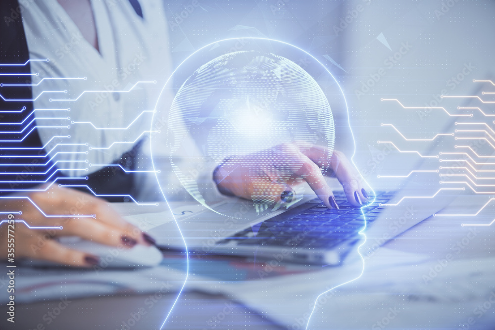 Multi exposure of woman hands working on computer and human brain hologram drawing. Ai tech concept. Multi exposure of woman hands working on computer and human brain hologram drawing. Ai tech concept.
