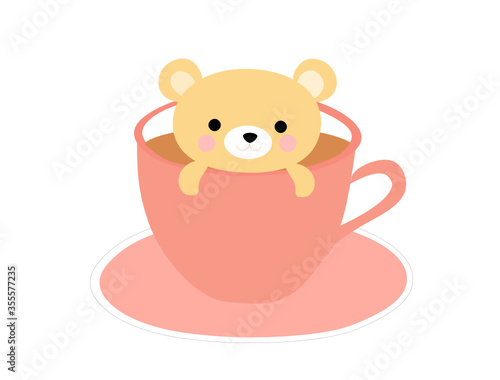 Coffee time cute bear in coffee cup vector-illustration. Coffee and drink concept background 