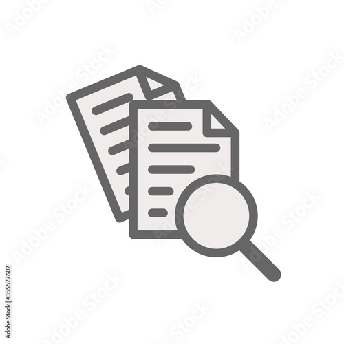 Scrutiny document plan icon vector isolated on white background. Review statement vector. Case Studies Vector Line Icon. Document with magnifier loupe business concept.