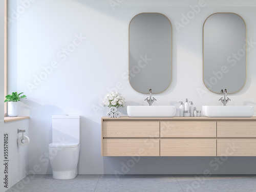Minimal comtemporary style bathroom 3d render, The room has white walls and concrete tile floors decorated with wooden cabinets and golden glass frames. The sunlight enters the room.