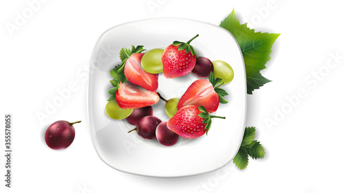 Strawberry and grapes on a white plate.