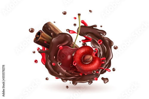 Cherry berries and cinnamon sticks in a chocolate splash.