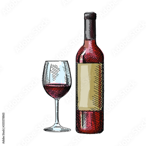 Watercolor colorful Hand-drawn sketch of a red bottle of whine with a glass of wine on a white background. Bottle of red, white, pink wine. Wine glass. Bottle of wine for a picnic	