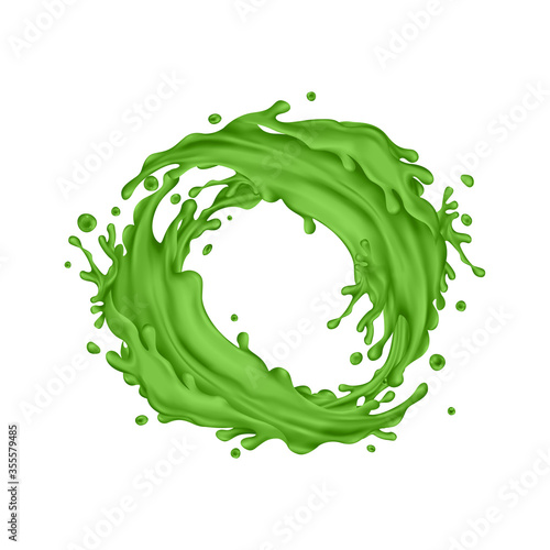 Green juice splashes circle on a white background
