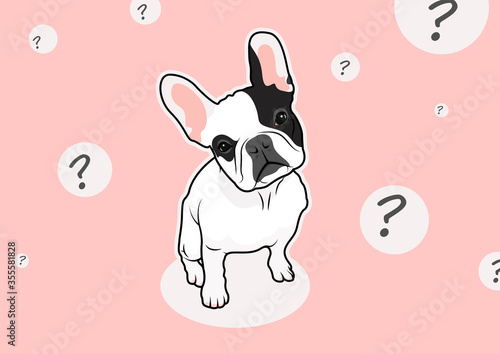 French bulldog and his stunned face. The french bulldog head rotation mood with some question ballon thinking.