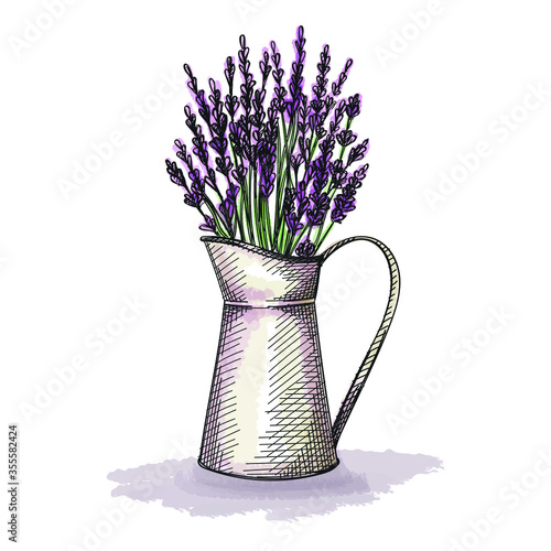 Watercolor colorful Hand-drawn sketch of lavender flowers in a metal jar on a white background. Lavender plant. Lavender treatment. Branch of lavender. Herbs and plants	