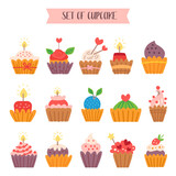 Cartoon style collection of sweet cupcakes. Vector