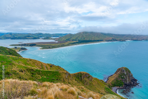 Aerial view of Hoopers inlet at Otago peninsula in New Zealand photo