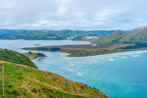 Aerial view of Hoopers inlet at Otago peninsula in New Zealand photo