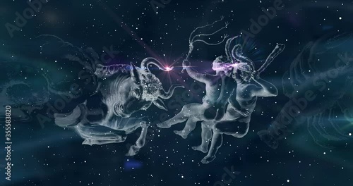 Astrological sign. Horoscope. Zodiac signs - Aries, Taurus, Gemini, Cancer, Leo, Virgo, Libra, Scorpio, Sagittarius, Capricorn, Aquarius, Pisces replace each other in the night sky. Animation looping.