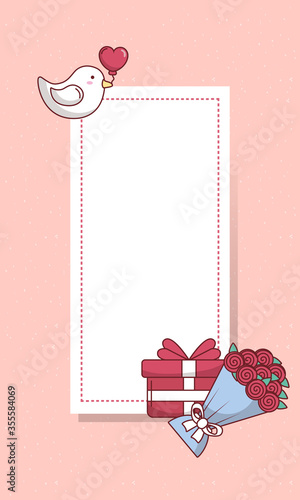 Valentines day dove gift and roses around frame vector design