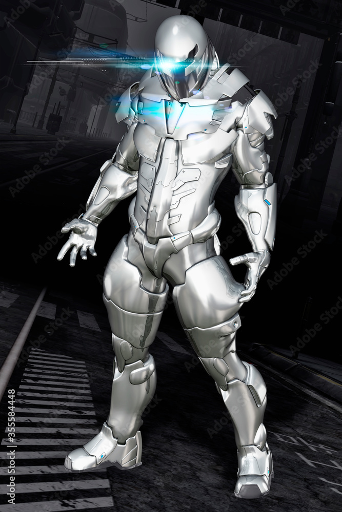 3D Illustration of Cyborg Man in the street 3D Illustration of Cyborg Man in the street