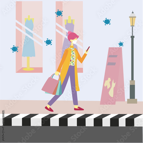 illustration vector graphic of woman with orange coat shopping while use mask for protect her self from corona virus. Perfect for tips herd immunity, etc.