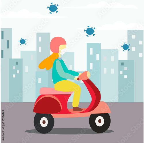 
illustration fashion graphic of girl ride  motorcycle while wearing mask for herd immunity. perfect for self protect from preventing the spread of corona virus.
