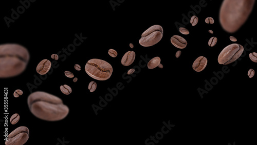 Flying whirl roasted coffee beans in the air studio shot isolated on black background long banner with copyspace, Healthy products by organic natural ingredients concept