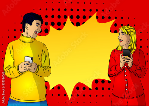 Portrait of happy young caucasian positive excited man and woman using mobile phone. Comic book style, cartoon vector illustration.