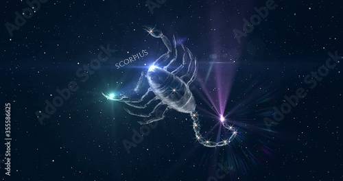 Scorpius or Scorpio. Zodiac symbol - the Scorpion. Horoscope. Space flight through the constellation. Image of Hevelius engraving of 17th century. Animations: with and without inscription.