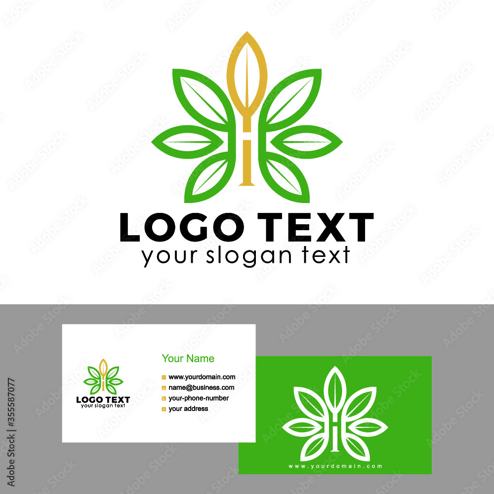 H leaf logo design with business card templates