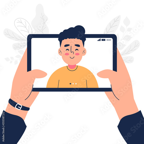 Man having video call on tablet computer at home vector illustration