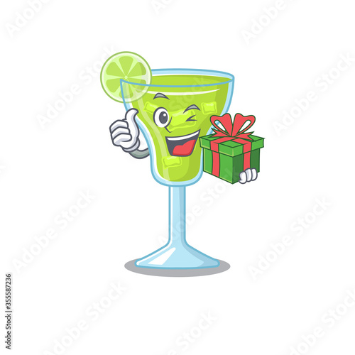 joyful margarita cocktail cartoon character with a big gift box