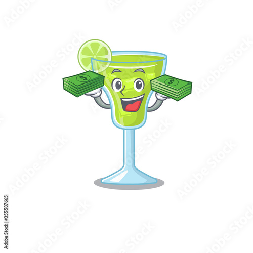 A wealthy margarita cocktail cartoon character with much money
